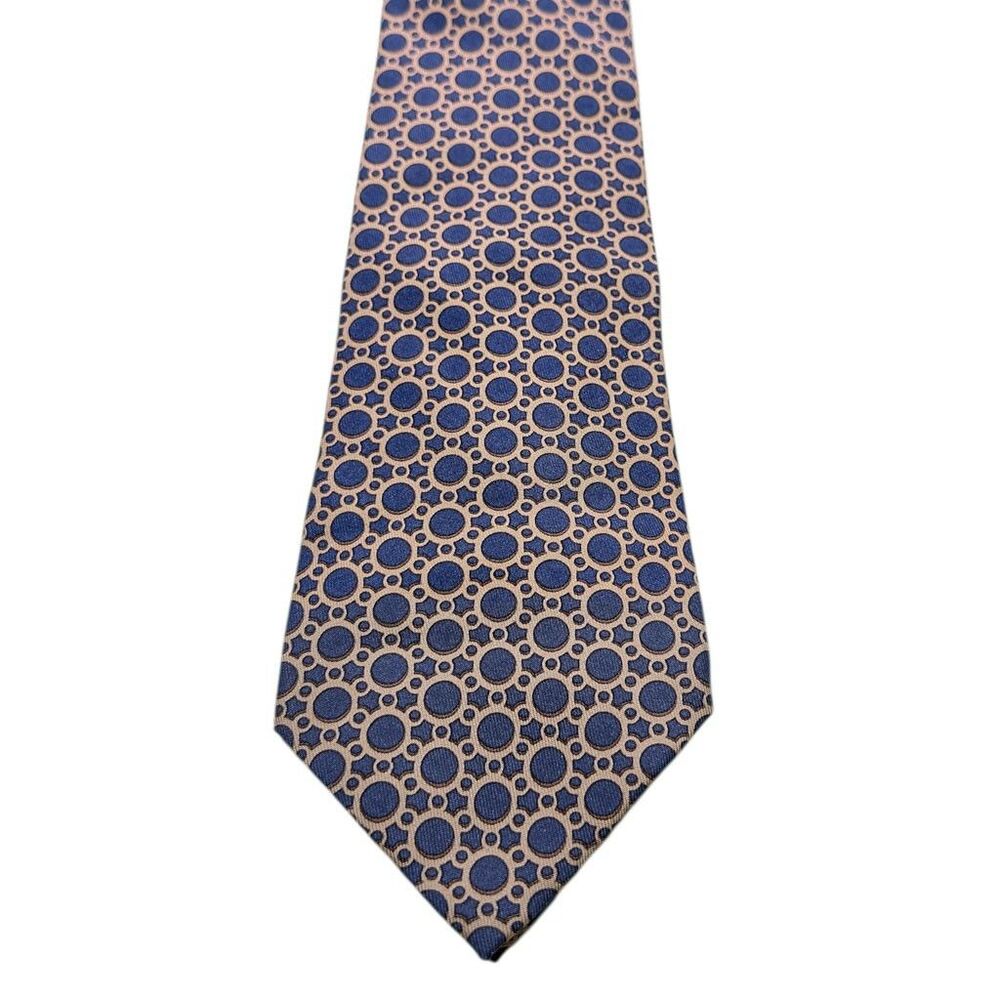 Hermes Paris Tie 7774 FA Blue Beige Circle Geometric Print 100% Silk France - Picture 6 of 6